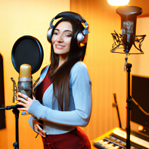 תמונה של זמרת באולפן הקלטות עם ציוד שמע
